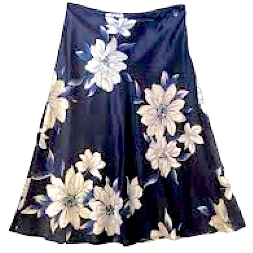 Vintage Fabulous Satin Midi Skirt Black Navy Floral Made in the UK 1990s US 10
